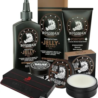 Bossman Complete Beard Kit - Men's Beard Oil Jelly, Fortify Shower Conditioner, Balm, Mustache Wax and Comb - Beard Softener, Growth, Care and...