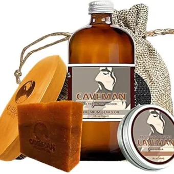 Caveman Beard Oil, Beard/Mustache Balm Wax, Beard and Body Soap, Boar's Hair Brush Set in Drunken Caveman (Bay Rum) Scent