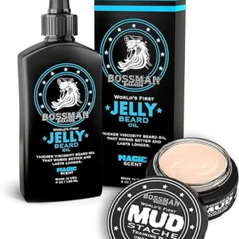 Bossman Beard and Mustache Set - MUDstache Unscented Mustache Wax and Beard Oil Jelly (4oz) – Strong Non-Tacky 24 hr Hold Wax - Beard Growth...