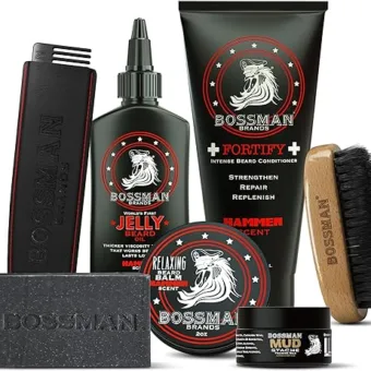 Bossman Big Boss Beard Kit - Men's Beard Oil Jelly, Fortify Shower Conditioner, Balm, Mustache Wax, Beard Soap, Brush, and Comb - Beard Softener,...