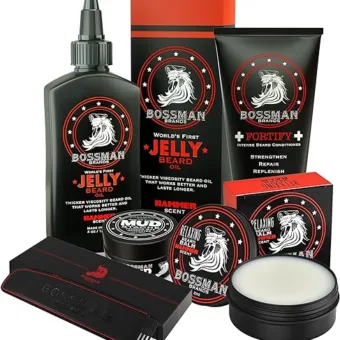 Bossman Complete Beard Kit - Men's Beard Oil Jelly, Fortify Shower Conditioner, Balm, Mustache Wax and Comb - Beard Softener, Growth, Care and...