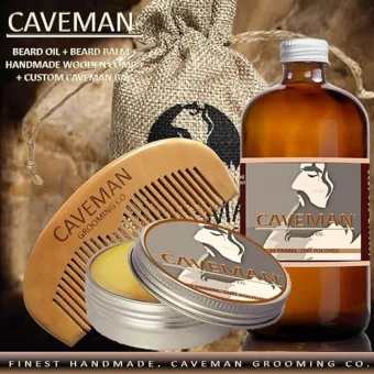 Caveman Beard Oil and Beard/Mustache Balm Wax, Handmade Comb Set in Island Breeze Scent 1oz oil,1oz balm, comb