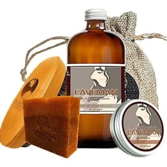 Caveman Beard Oil, Beard/Mustache Balm Wax, Beard and Body Soap, Boar's Hair Brush Set in Deep Forest Scent