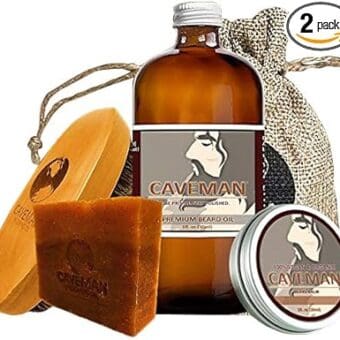 Caveman Beard Oil, Beard/Mustache Balm Wax, Beard and Body Soap, Boar's Hair Brush Set in Sandalwood Scent