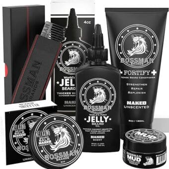 Bossman Complete Beard Kit - Made in USA - Beard Oil - Conditioner - Beard Balm - Comb - Mustache Wax -Stop Beard Itch - Grow Thicker (Naked)