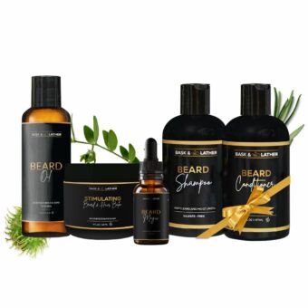 Bask & Lather Healthy Hair and Beard Care Gift Set for Men Includes Beard Oil, Beard Shampoo & Beard Conditioner, Beard Magic, & Stimulating Hair Balm, 5 Product All-In-One Starter Grooming Gift Set