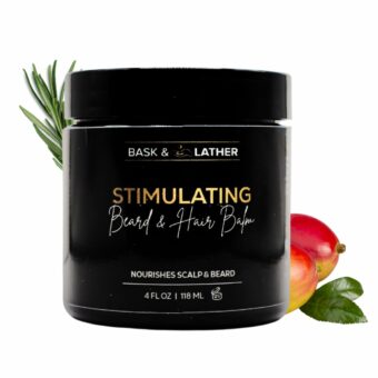 BASK & LATHER Stimulating Hair & Beard Balm, Leave in Conditioner with Essential Oils, Mango & Shea Butter, Supports Itchy or Dry Scalp for All Hair Types, Strengthens & Shines Hair & Beards, 4 fl oz