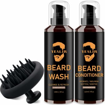 Beard Wash & Conditioner & Silicone Beard Brush Set w/Argan & Jojoba Oils - Reduce Beard Itchy, Dandruff, Beard Shampoo, Softens & Strengthens & Shine - 2 x 4 Fl Oz 120ML